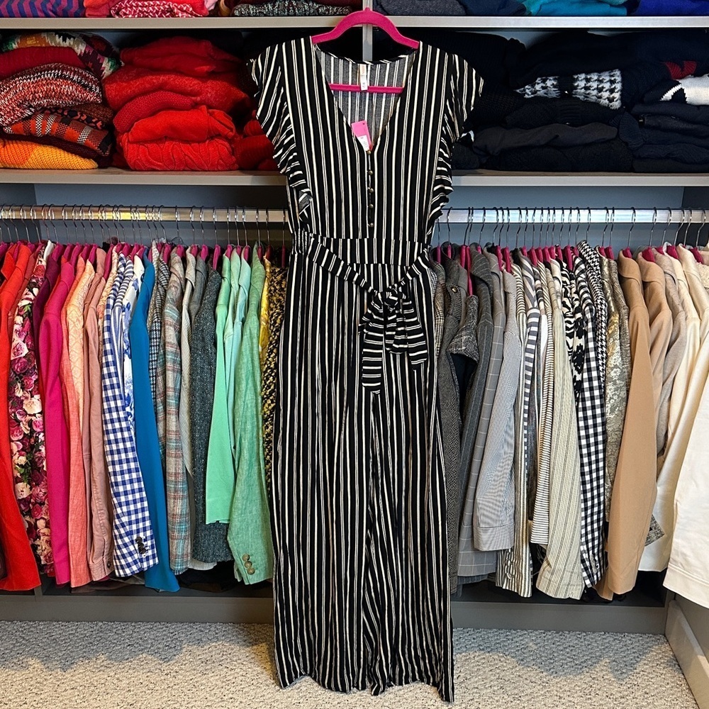 Xhilaration black/tan striped sleeveless elastic waistband jumpsuit size XS NWT